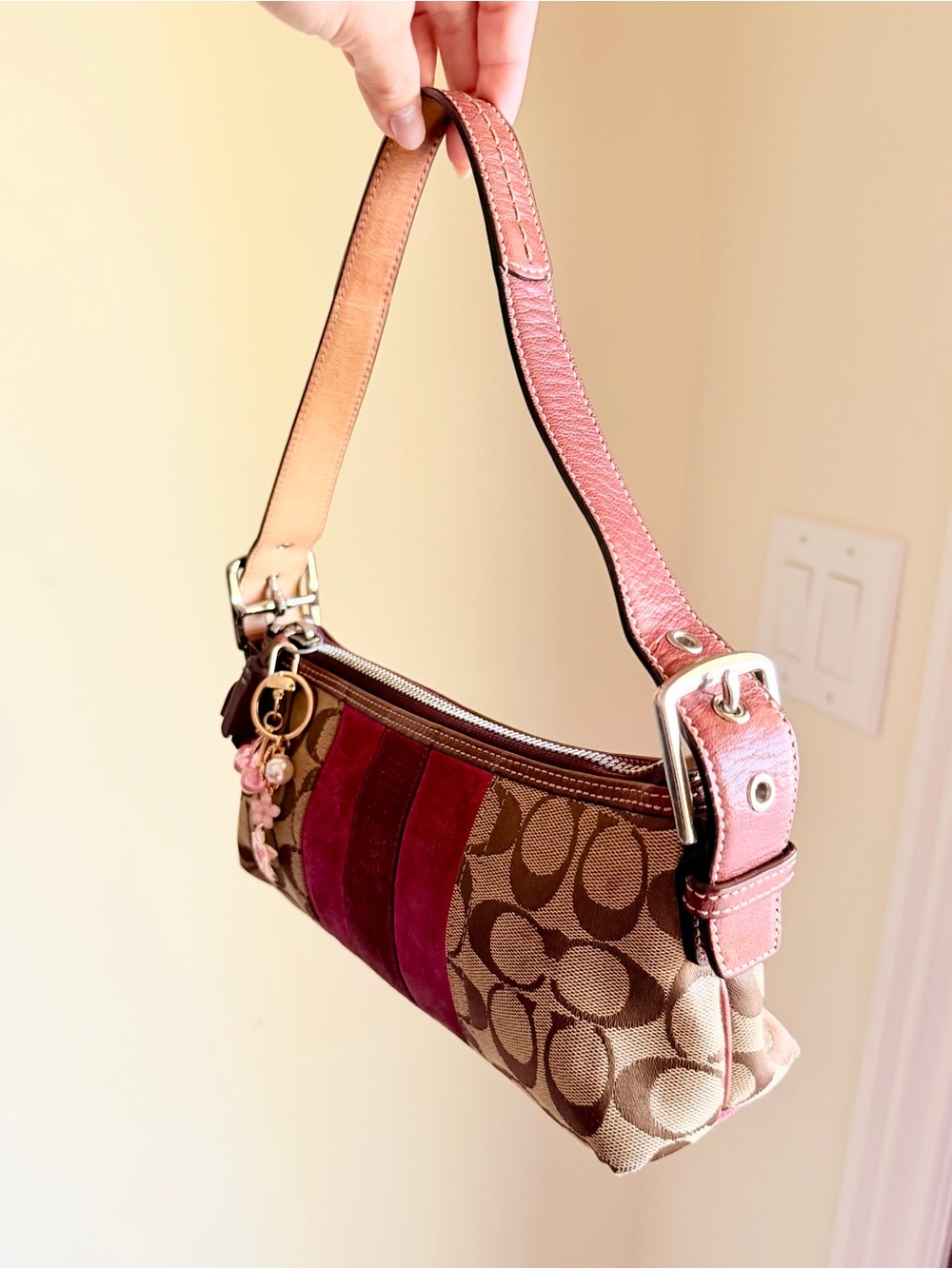 Coach Signature Stripe Demi Baguette shoulder bag pink berry suede - Picture 4 of 8